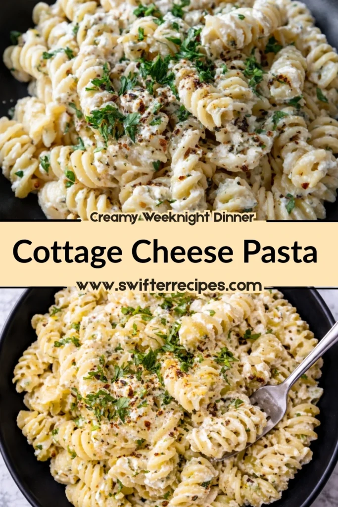 Cottage cheese pasta made with rotini in a creamy garlic parmesan sauce, topped with herbs, shown as a creamy weeknight dinner with text overlay