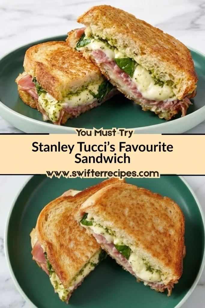 Two grilled sourdough sandwiches with prosciutto, mozzarella, basil, and pesto on green plates, with overlay text promoting Stanley Tucci’s favourite sandwich on swifterrecipes.com