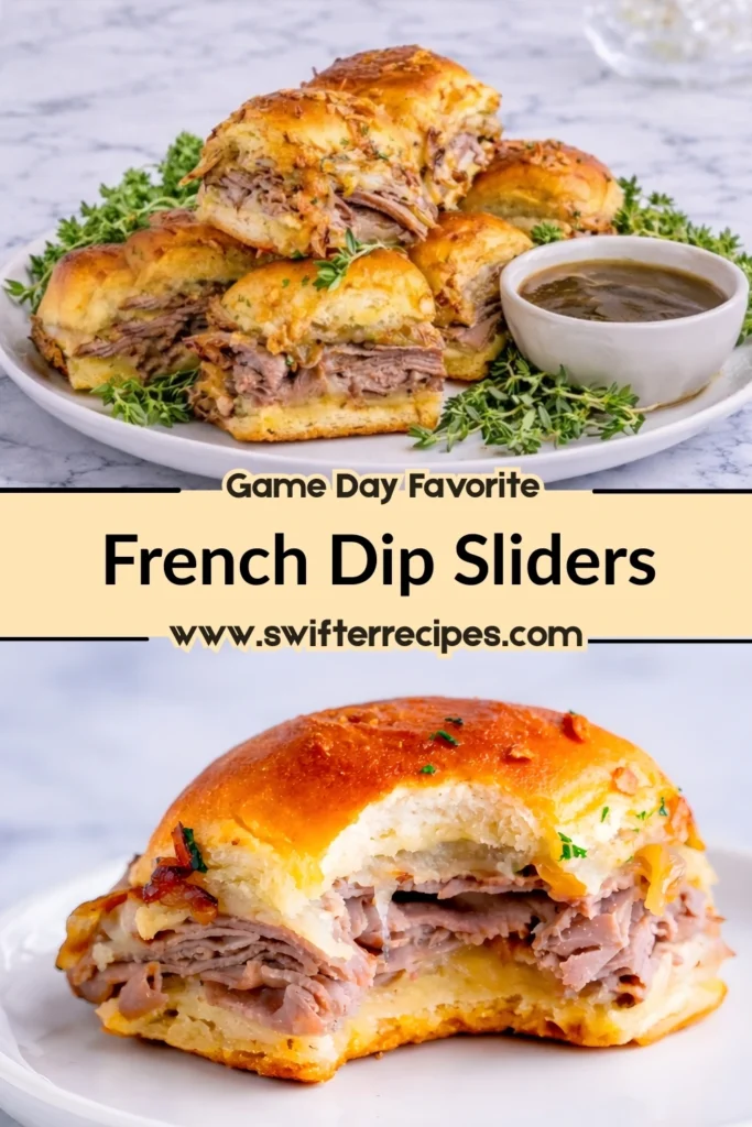 French dip sliders served on a plate with au jus and a close-up slider with a bite taken out, labeled Game Day Favorite