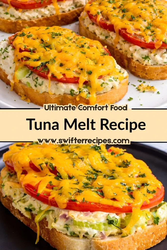 Open-faced tuna melt sandwiches with creamy tuna salad, tomatoes, and melted cheddar on toasted bread with text overlay Tuna Melt Recipe