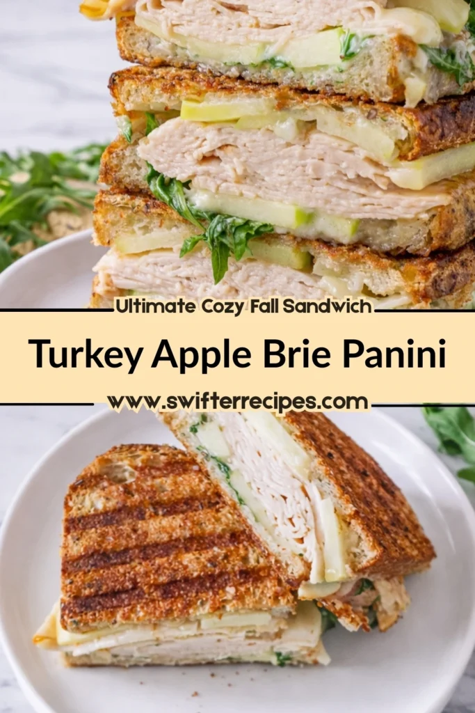 Turkey apple brie panini shown stacked and sliced with layers of turkey melted brie apple slices and arugula on golden grilled bread on white plates