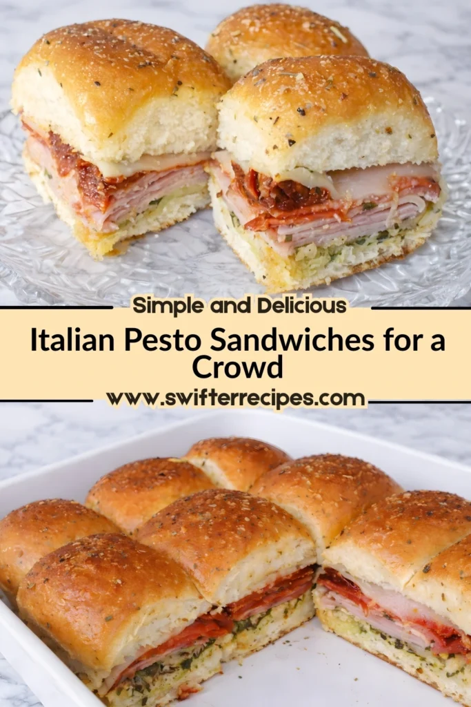 Italian pesto sandwiches for a crowd with ham salami pepperoni provolone cheese and pesto on soft baked rolls shown sliced and ready to serve
