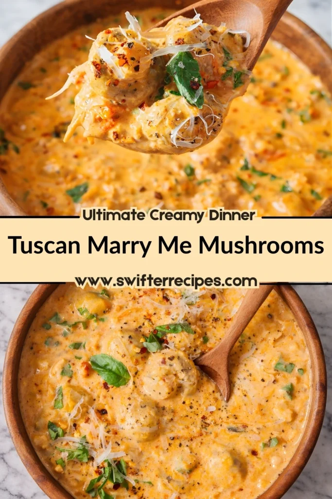 Branded image of Tuscan Marry Me Mushrooms with creamy garlic sauce, basil, parmesan, and red pepper flakes, labeled Ultimate Creamy Dinner
