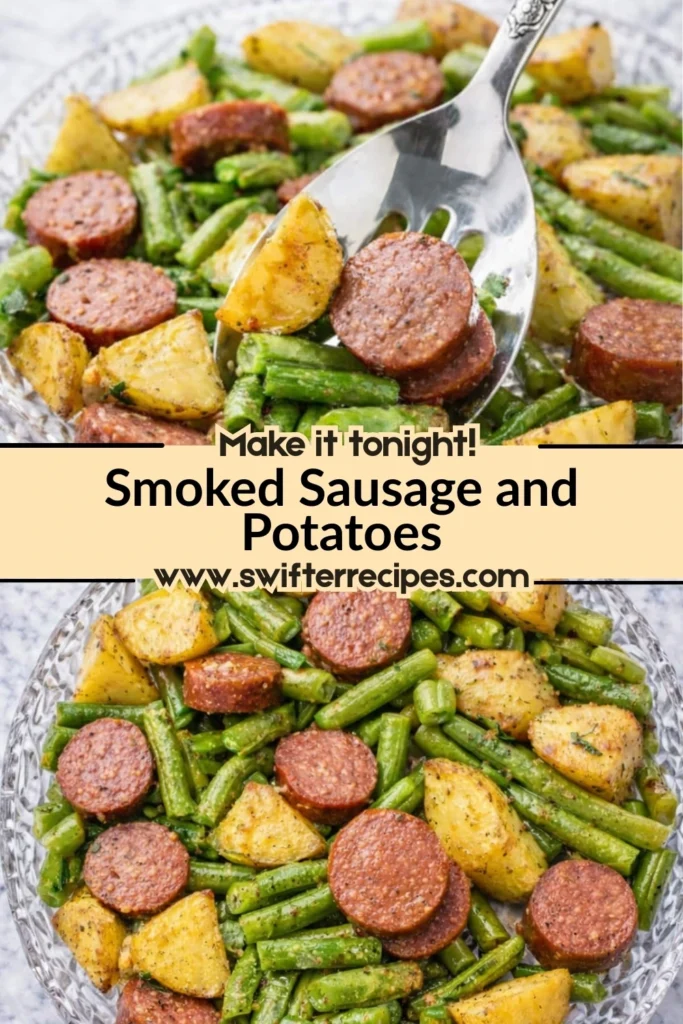 Smoked sausage and potatoes recipe collage with serving spatula and website branding