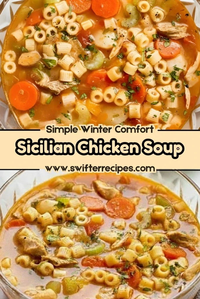 Sicilian Chicken Soup with pasta carrots and celery served in a glass bowl simple winter comfort one pot homemade meal