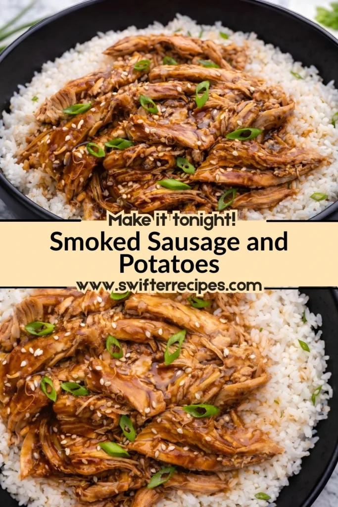 Crockpot teriyaki chicken over white rice with sesame seeds and green onions, with recipe text overlay and website branding