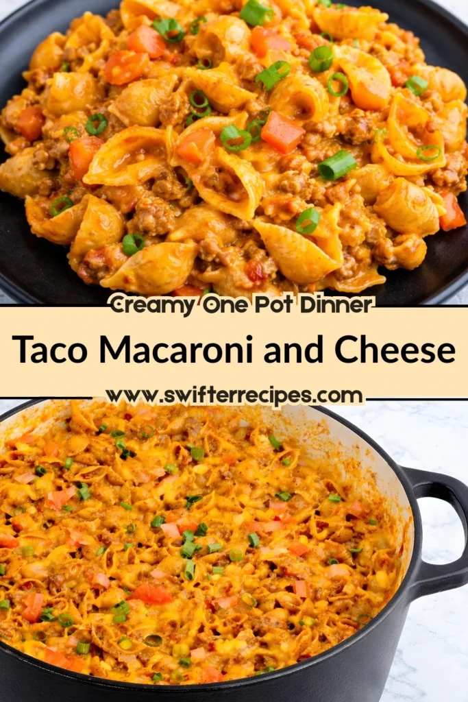 Collage of taco macaroni and cheese served in a black bowl and Dutch oven, topped with green onions and cheddar, with text reading Creamy One Pot Dinner Taco Macaroni and Cheese