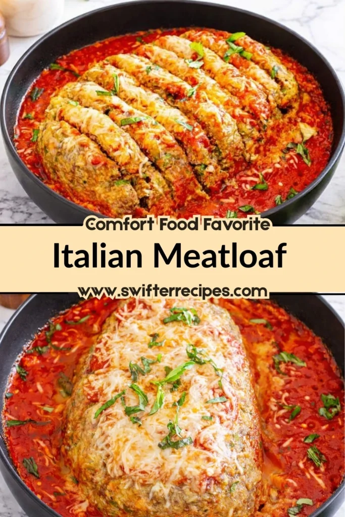 Italian meatloaf baked in marinara sauce with melted cheese and basil
