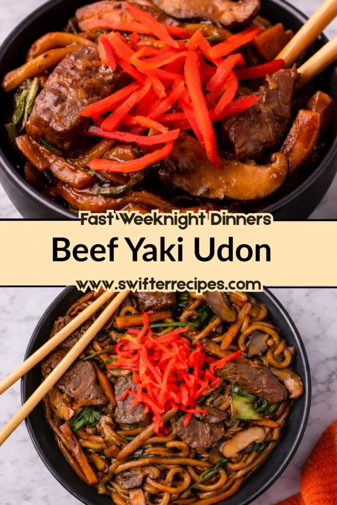Two bowls of beef yaki udon topped with red pickled ginger, shown in a vertical recipe collage labeled “Fast Weeknight Dinners Beef Yaki Udon”