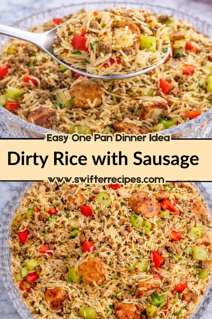 Dirty rice with sausage in a glass bowl featuring red peppers, celery, sausage slices, and ground beef with a text overlay promoting an easy one-pan dinner idea