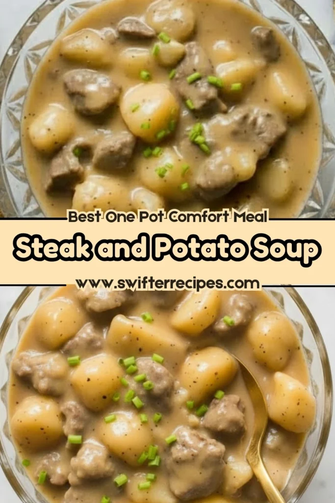 Bowl of creamy steak and potato soup with tender beef, golden potatoes, and chives, showing the best one-pot comfort meal