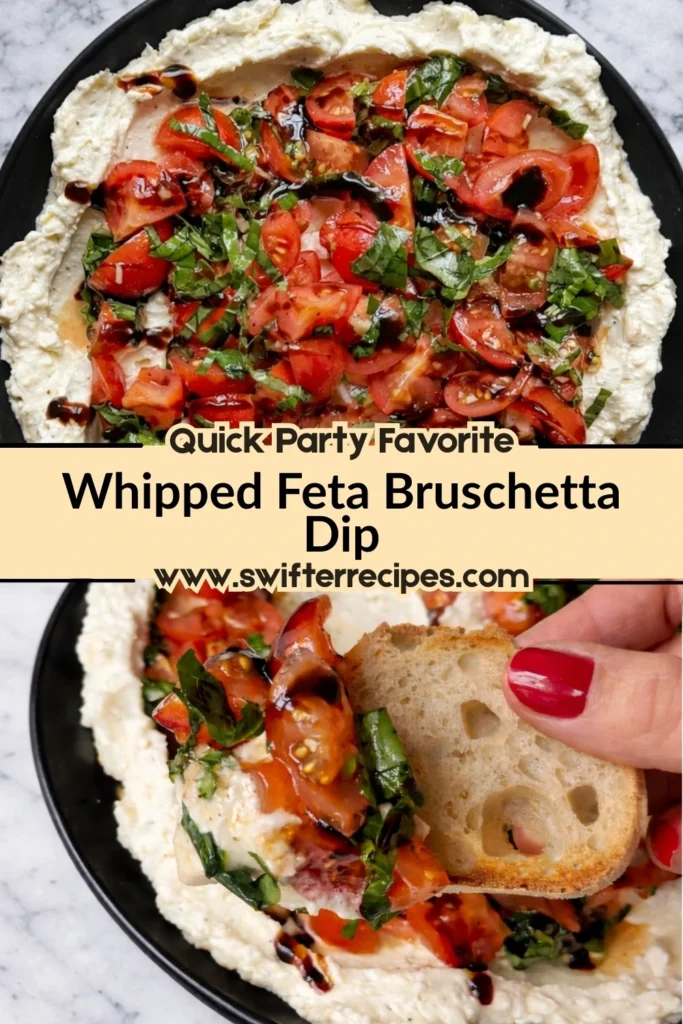 Whipped feta bruschetta dip with cherry tomatoes basil and balsamic glaze served with sliced baguette