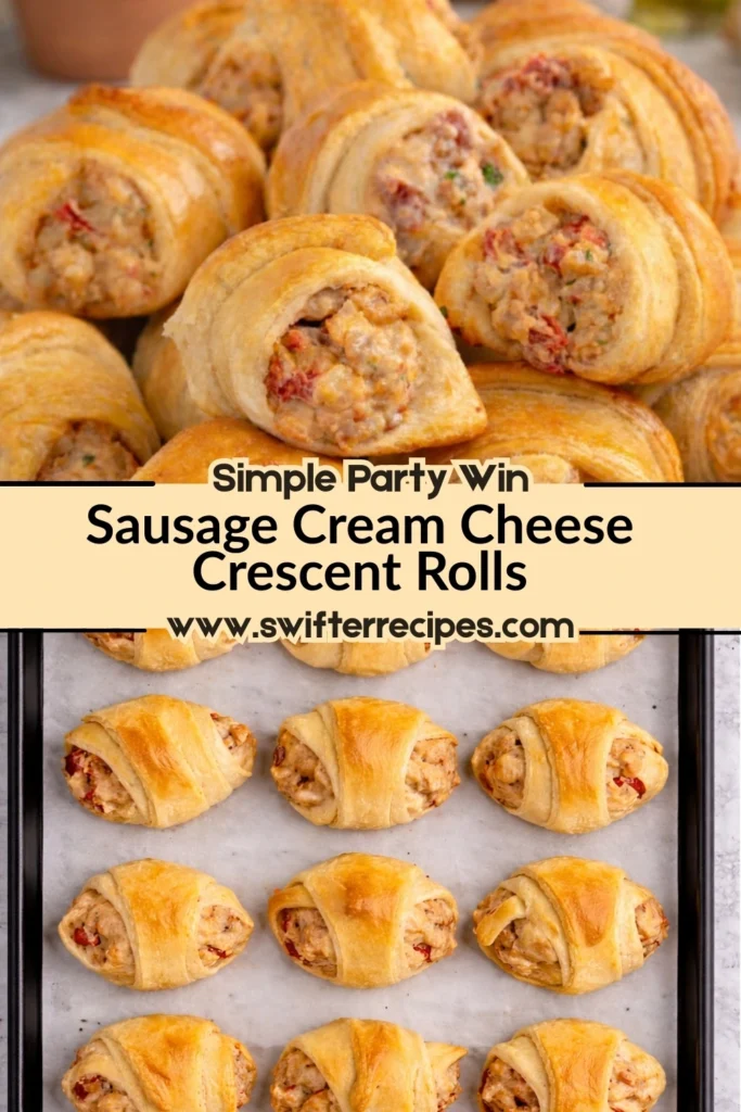 Sausage cream cheese crescent rolls with golden flaky crusts stacked on a plate and baking sheet, labeled simple party win with website text