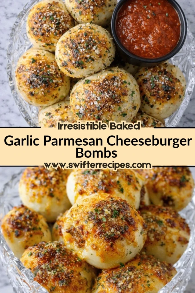 Irresistible baked garlic parmesan cheeseburger bombs served in a glass bowl with dipping sauce and branded recipe title overlay from swifterrecipes.com