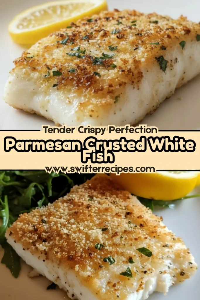 Two golden Parmesan Crusted White Fish fillets with crispy breadcrumb coating, lemon wedges, and herbs, displayed in a Pinterest collage design.