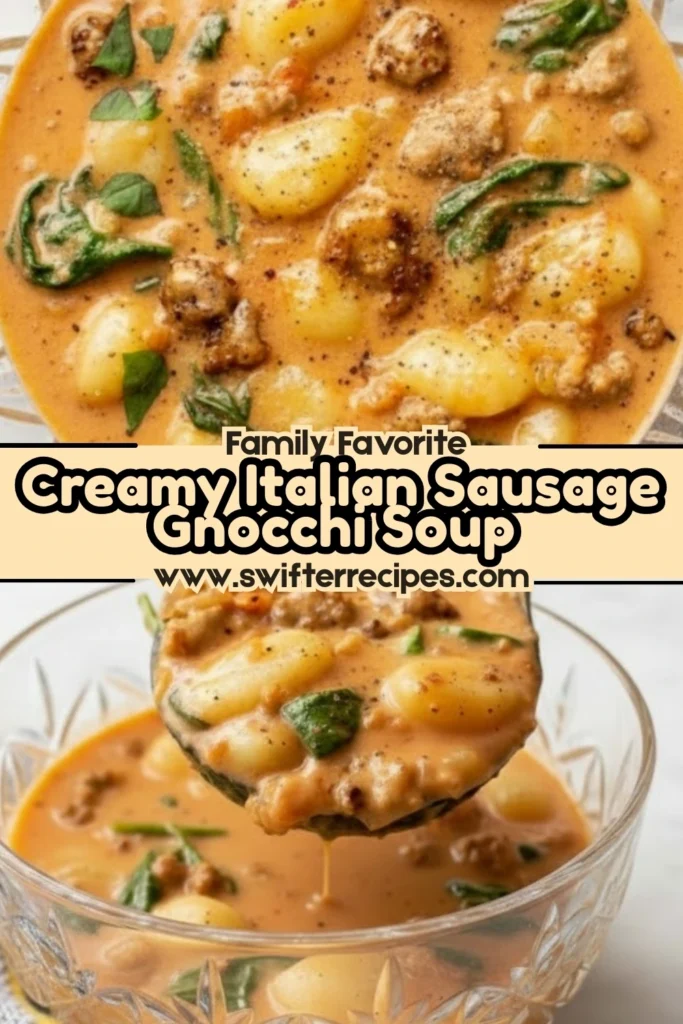 Two-image collage showing creamy Italian sausage gnocchi soup with spinach, gnocchi, and sausage in a tomato cream broth labeled Family Favorite.