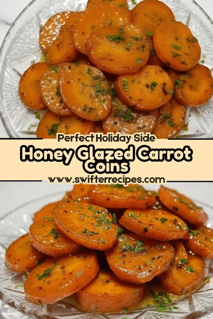 Honey glazed carrot coins served on a glass plate, coated in a golden honey butter glaze and garnished with fresh parsley, labeled as a perfect holiday side dish.