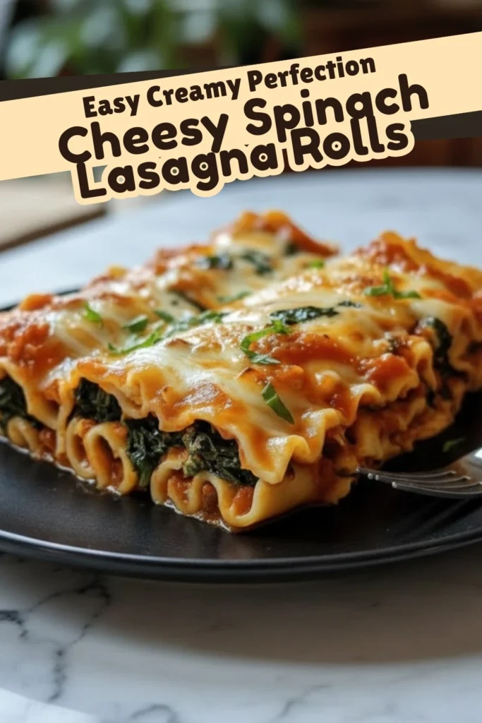 Cheesy Spinach Lasagna Rolls served on a black plate with golden melted mozzarella, creamy ricotta, and spinach filling, styled for Pinterest pin.