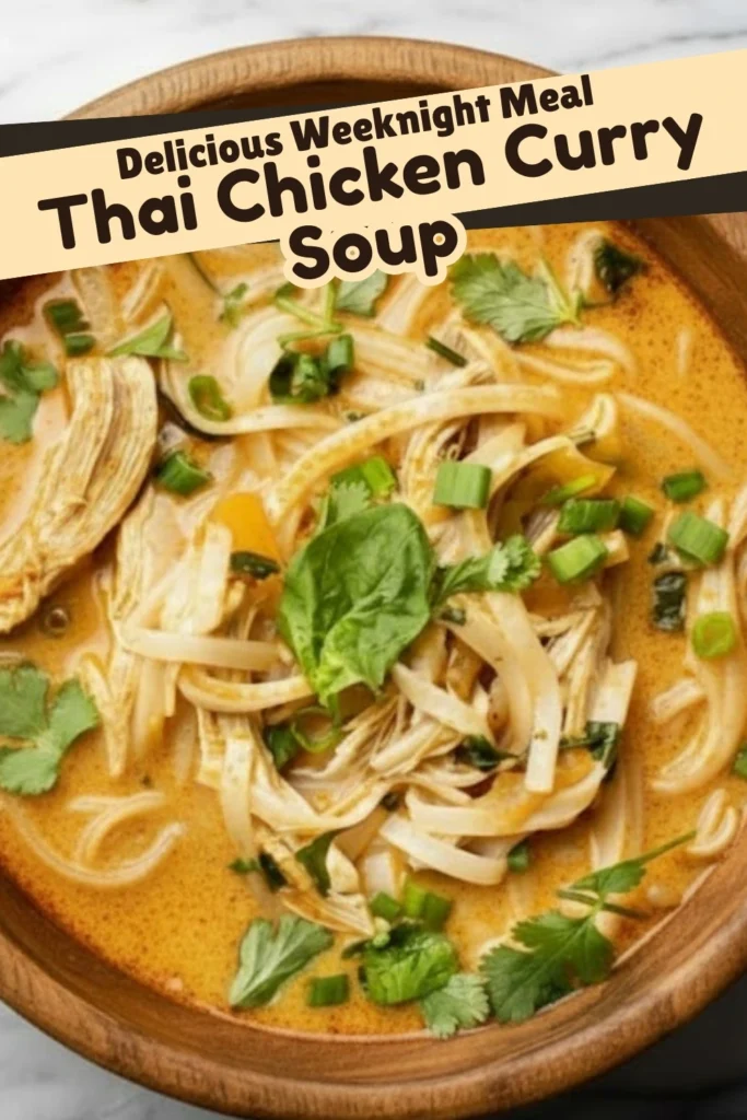 Delicious Thai Chicken Curry Soup with shredded chicken, rice noodles, and fresh herbs