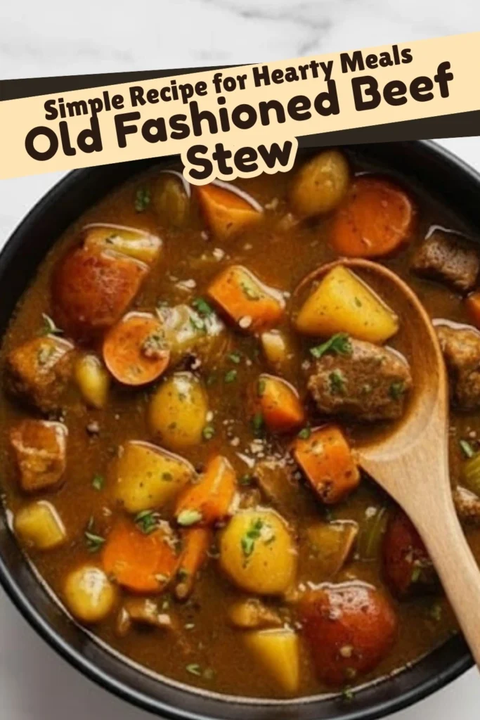 Old Fashioned Beef Stew with carrots, potatoes, and tender beef in a savory broth.