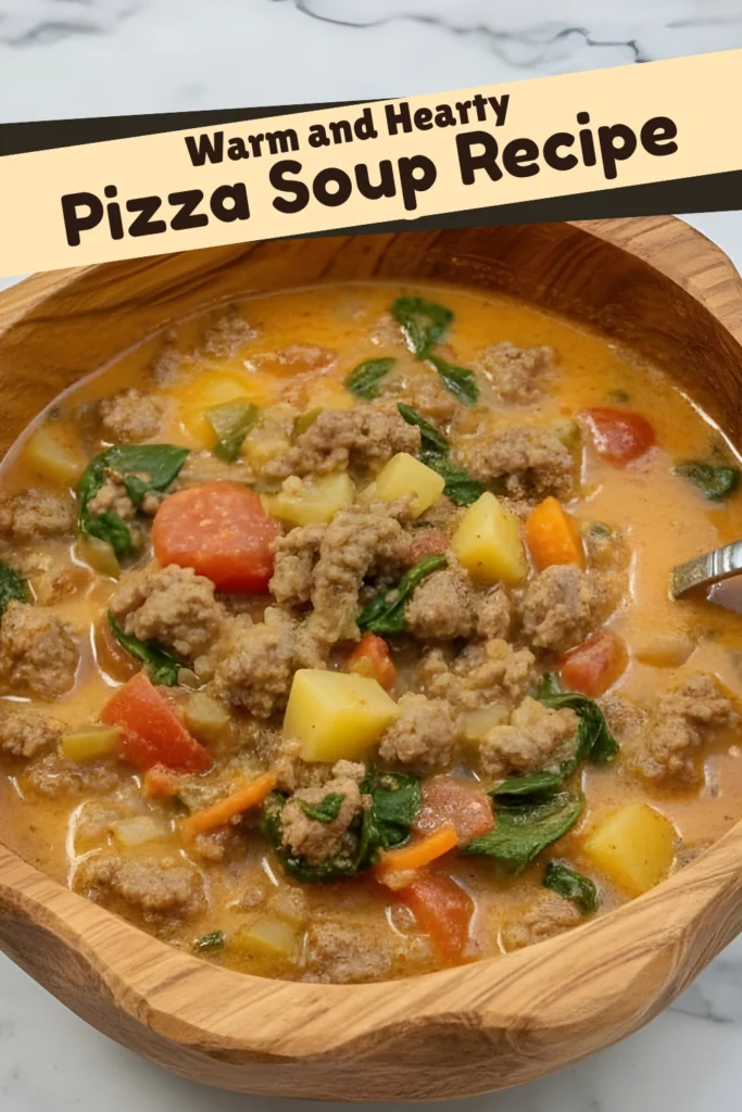 Hearty Pizza Soup with Ground Beef, Carrots, Potatoes, and Spinach