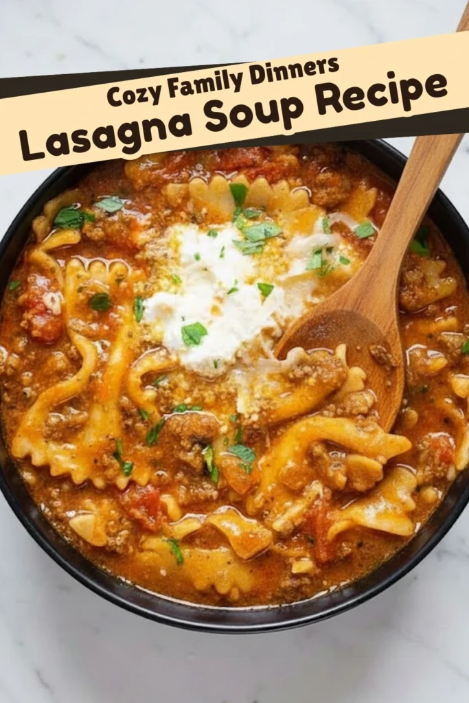Cozy lasagna soup with ground beef, pasta, and melted cheese in a rich broth