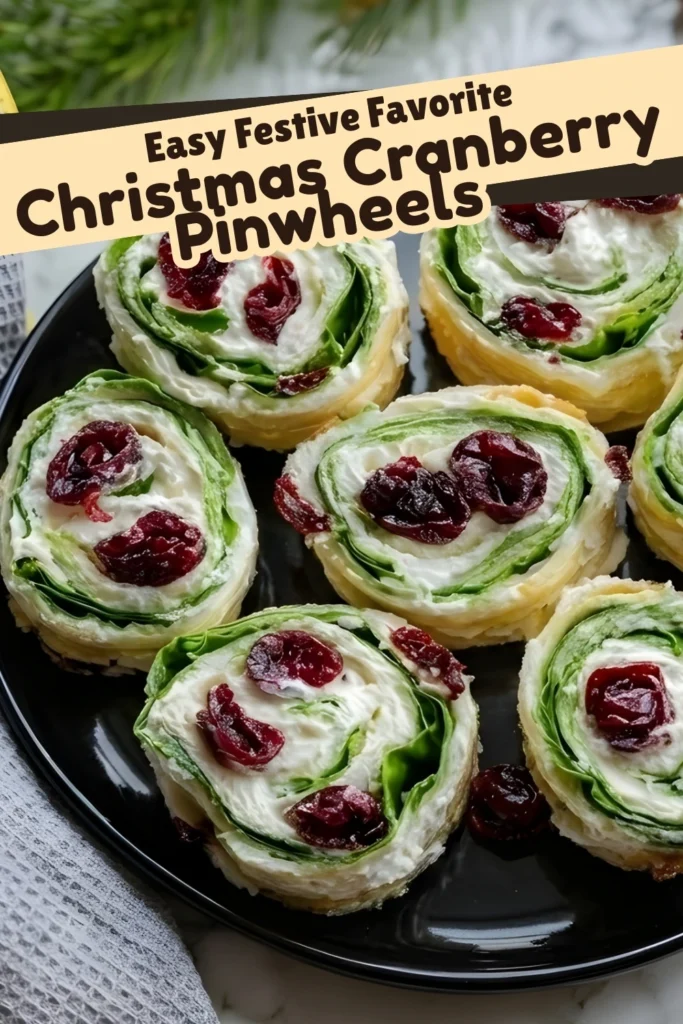Christmas Cranberry Pinwheels Recipe with cream cheese spinach and dried cranberries arranged on black plate festive no bake holiday appetizer