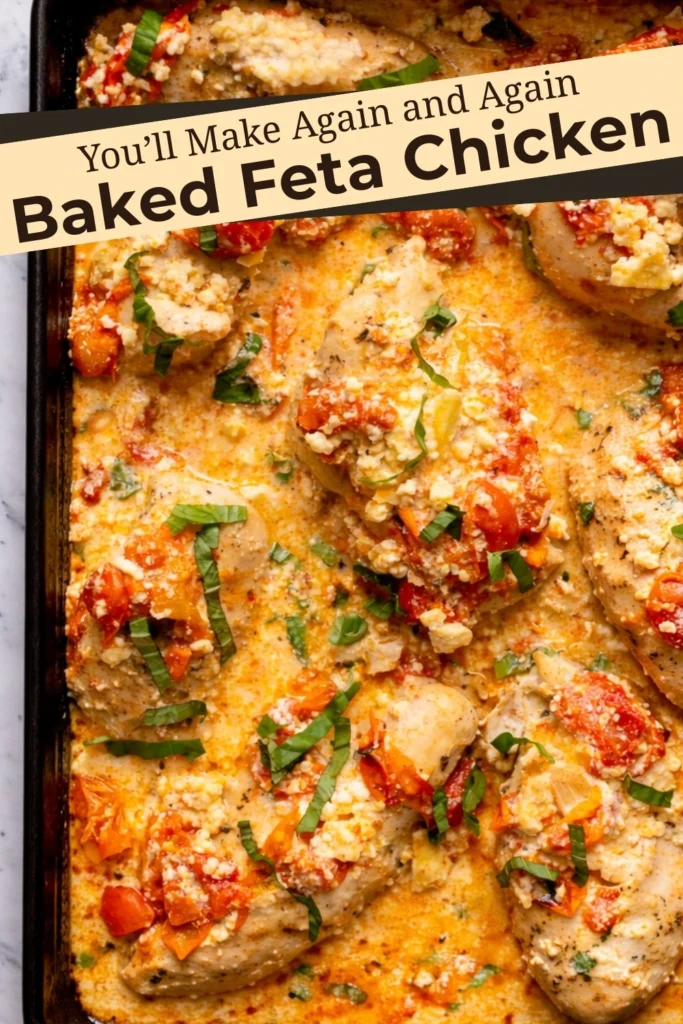 Baked feta chicken in creamy tomato garlic sauce with text overlay