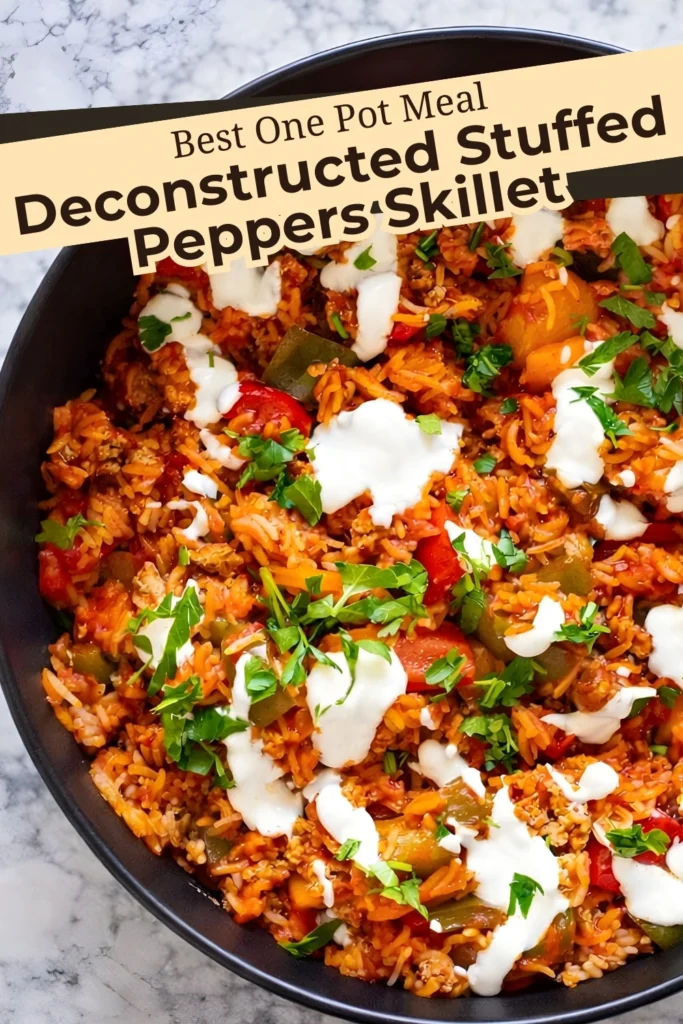Deconstructed Stuffed Peppers Skillet one pot meal with rice ground turkey bell peppers marinara sauce sour cream and parsley in a skillet