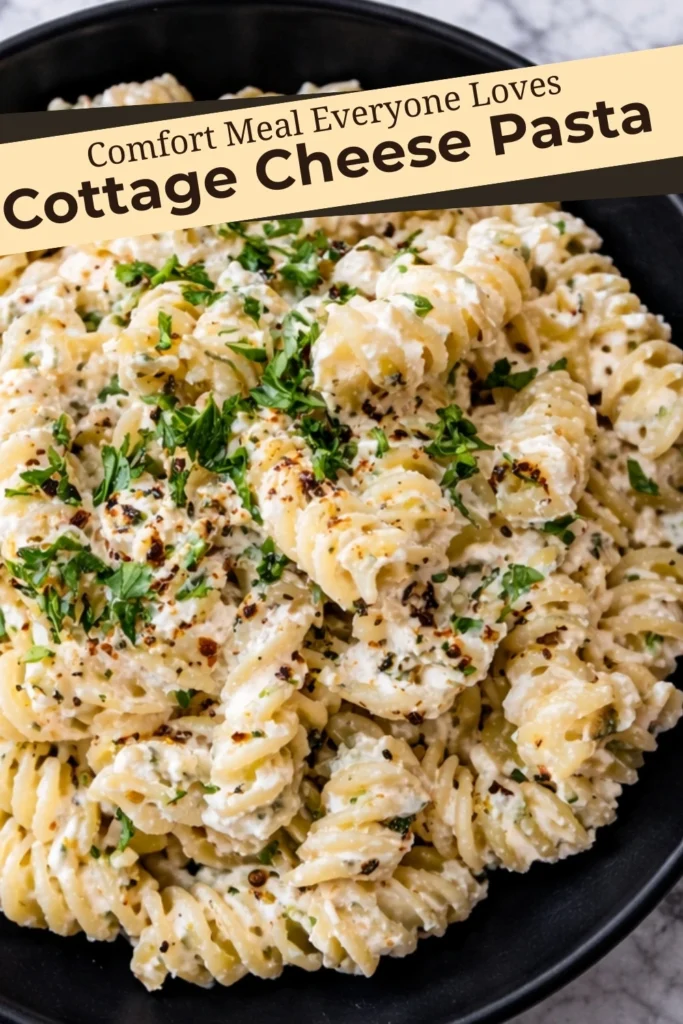 Cottage cheese pasta with rotini in a creamy garlic parmesan sauce topped with fresh herbs, shown with comfort meal everyone loves text overlay