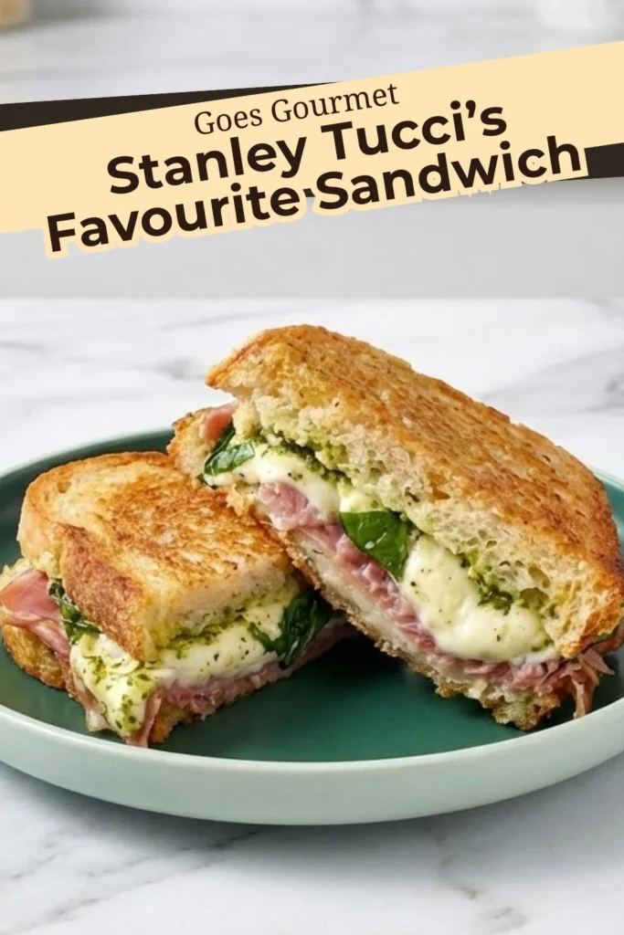 Stanley Tucci’s favourite sandwich with prosciutto, melted mozzarella, basil, and pesto, served on grilled sourdough with text overlay