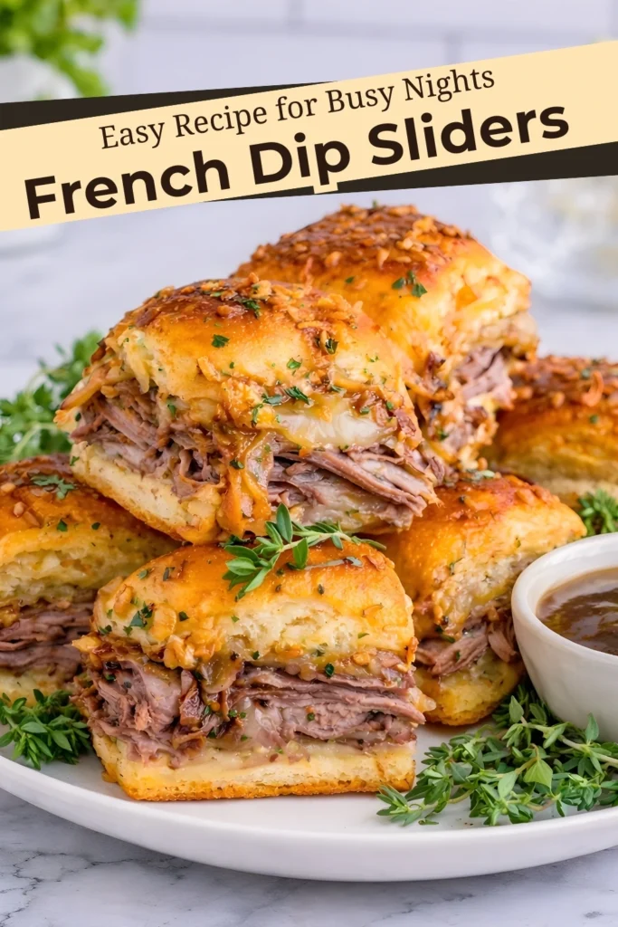 French dip sliders served with au jus and a banner reading Easy Recipe for Busy Nights