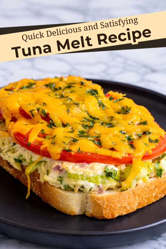 Tuna melt sandwich with cheddar cheese tomato and creamy tuna salad on toasted bread with text overlay reading Quick Delicious Tuna Melt Recipe