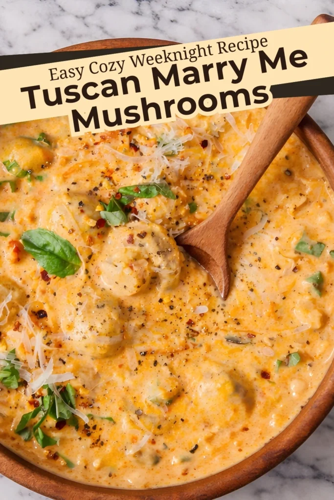 Top-down view of Tuscan Marry Me Mushrooms in creamy garlic sauce with basil and parmesan, labeled Easy Cozy Weeknight Recipe