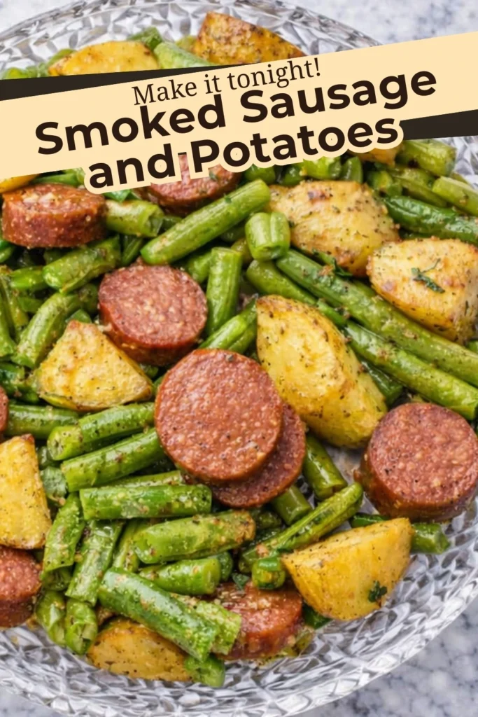 Easy smoked sausage and potatoes recipe with green beans - Pinterest graphic