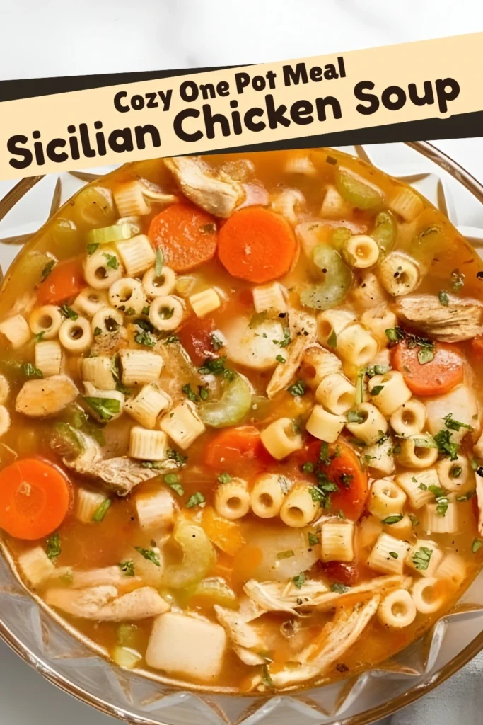 Sicilian Chicken Soup with carrots celery ditalini pasta and shredded chicken in a cozy one pot Italian meal