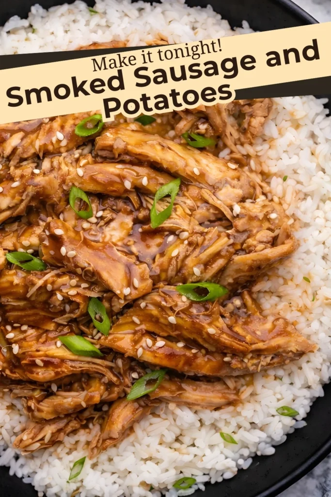 Crockpot teriyaki chicken over white rice with sesame seeds and green onions, featuring a recipe text overlay