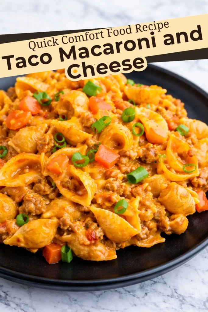 Taco macaroni and cheese served on a black plate with cheddar, ground beef, pasta shells, green onions, and text overlay that reads Quick Comfort Food Recipe