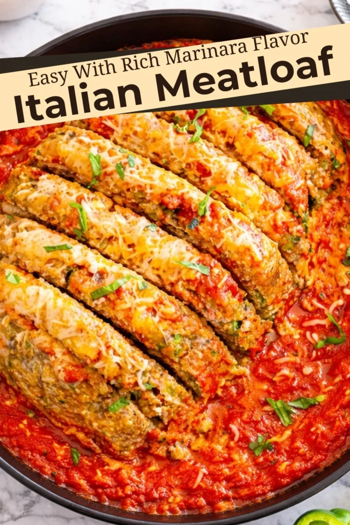 Italian meatloaf sliced in marinara sauce with melted cheese and basil