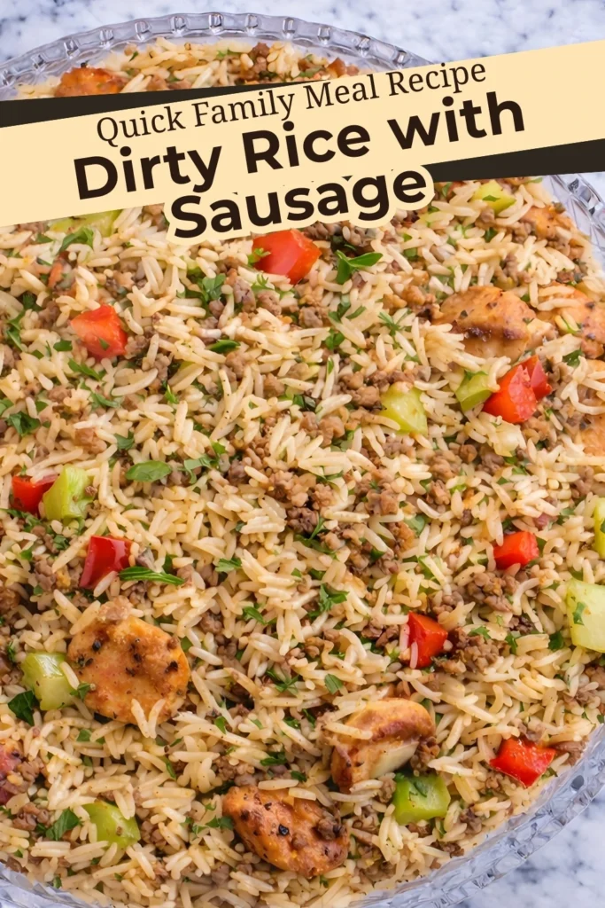 Dirty rice with sausage served in a glass bowl with red peppers, celery, and ground beef, labeled as a quick family meal recipe
