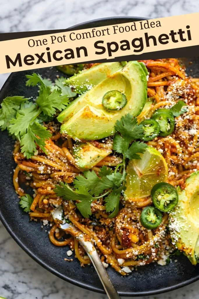 Mexican spaghetti served in a black bowl with avocado, jalapeños, cilantro, lime, and text overlay reading “One Pot Comfort Food Idea”