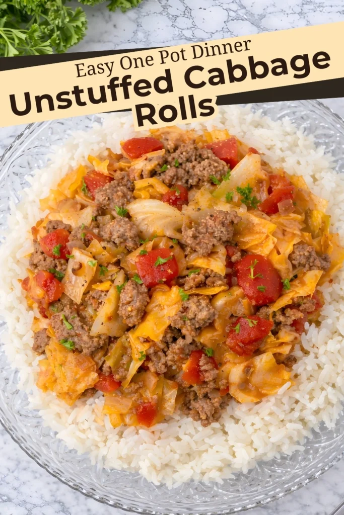 Unstuffed cabbage rolls served over rice with ground beef and tomato sauce with recipe title text overlay