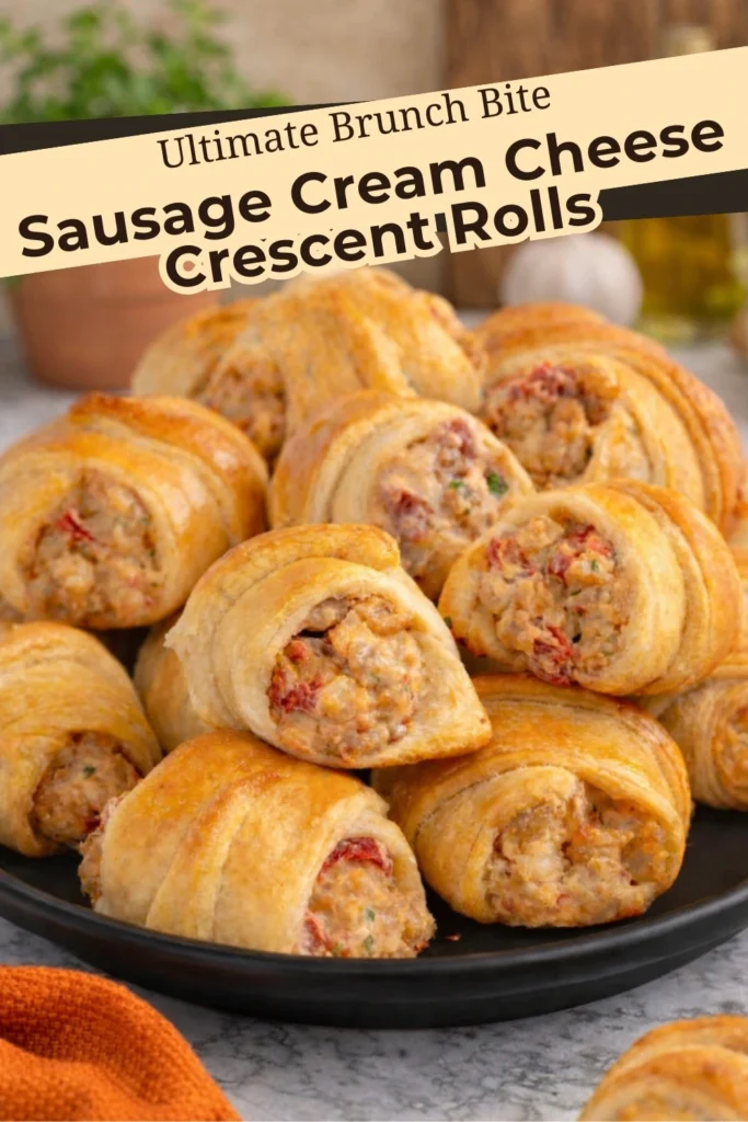 Sausage cream cheese crescent rolls stacked on a plate with text overlay reading ultimate brunch bite