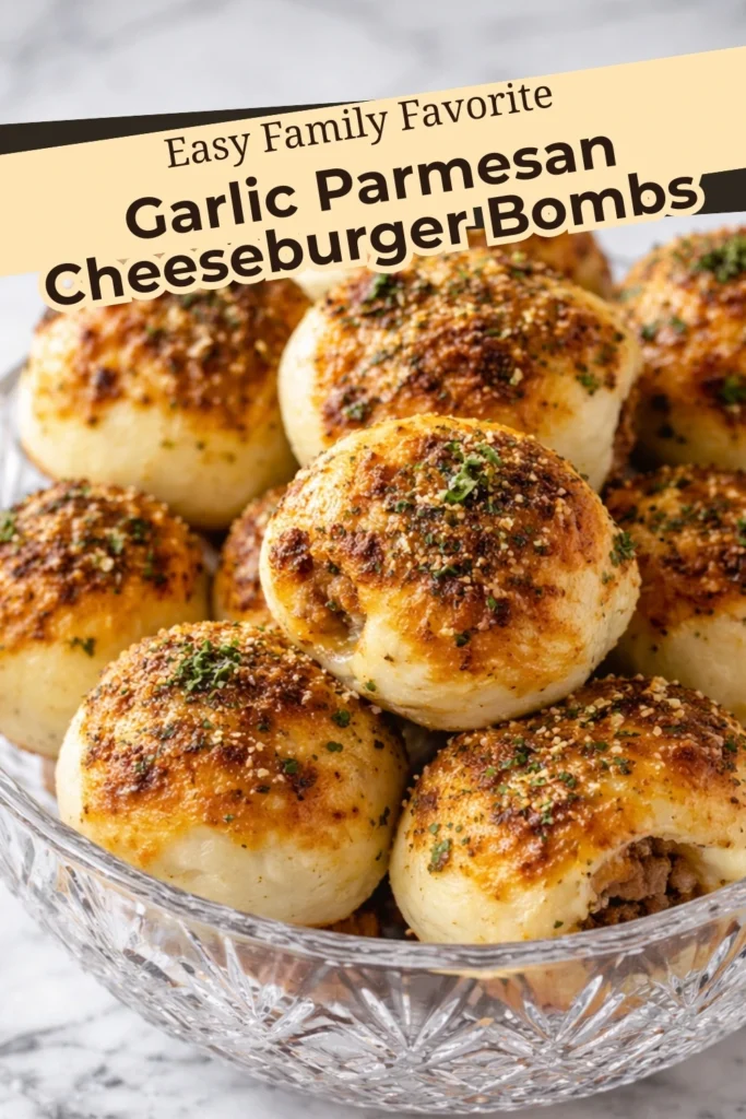 Easy family favorite garlic parmesan cheeseburger bombs baked golden and stuffed with cheesy beef, displayed in a clear serving bowl with text overlay