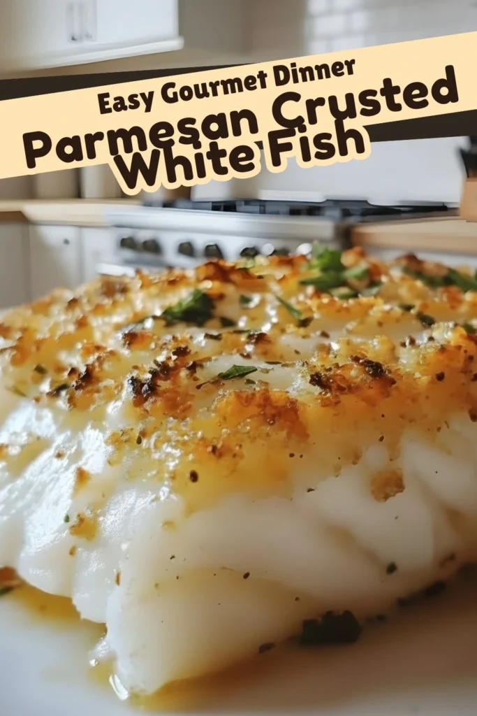 Golden Parmesan Crusted White Fish fillet baked in a crispy cheese crust with herbs, featured in a kitchen setting with recipe title overlay.