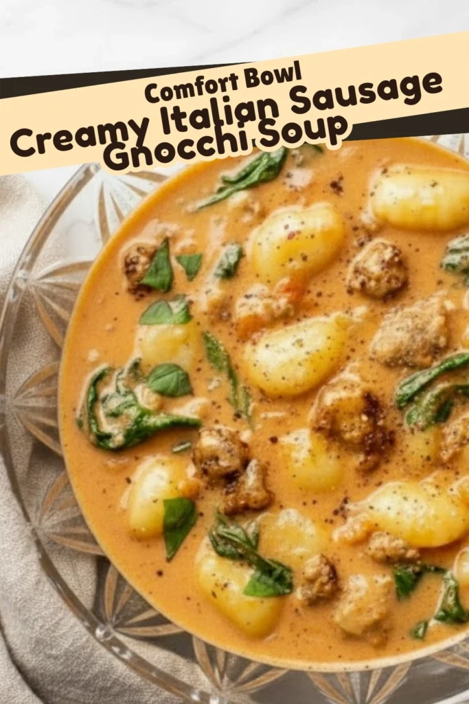 Creamy Italian sausage gnocchi soup in a glass bowl with spinach and tender gnocchi in a tomato cream sauce, labeled Comfort Bowl on image.