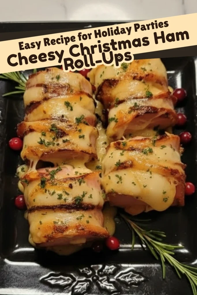 Cheesy Christmas Ham Roll-Ups with Melted Cheese and Holiday Garnish