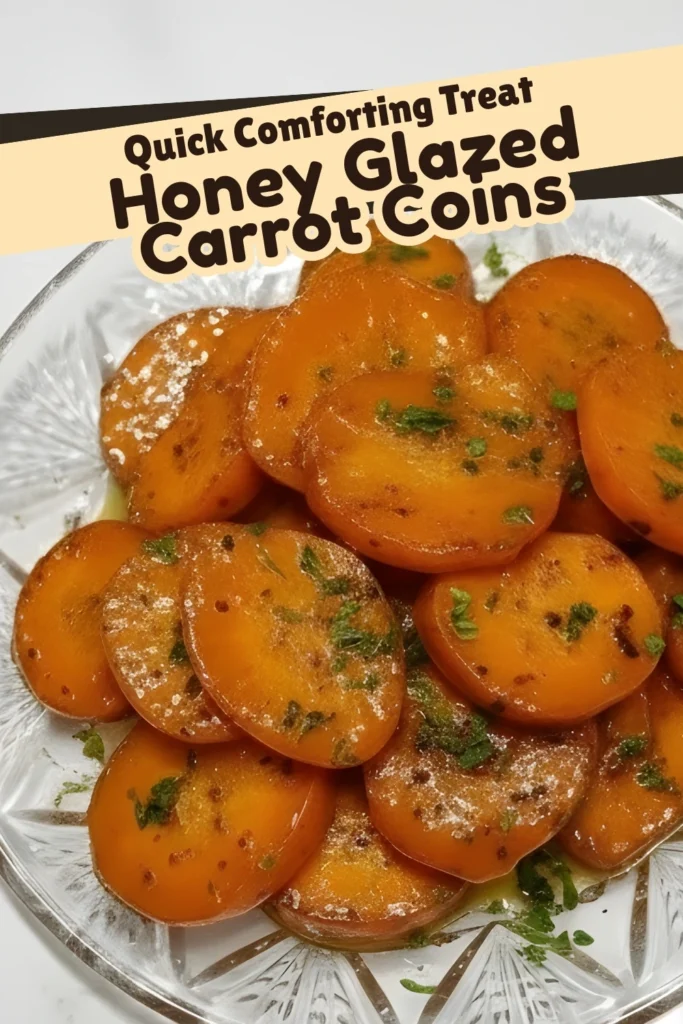 Honey glazed carrot coins on a glass plate coated in a buttery honey glaze and sprinkled with fresh parsley, labeled as a quick comforting treat.