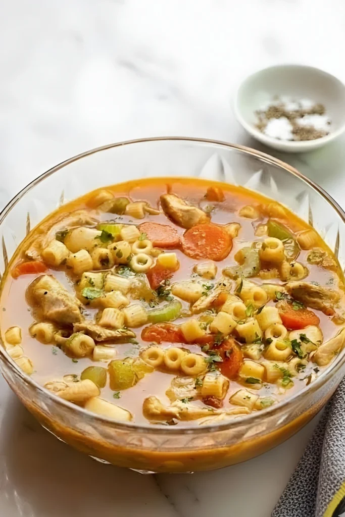 Sicilian Chicken Soup in a glass bowl with ditalini pasta carrots celery and shredded chicken in rich tomato broth