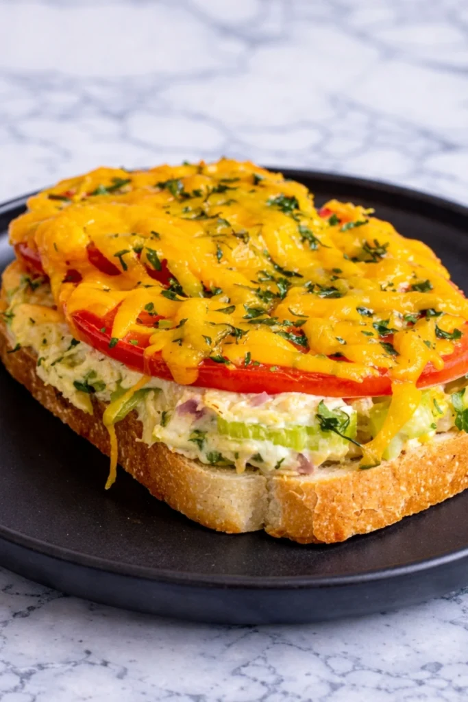 Tuna melt sandwich with creamy tuna salad tomato slices and melted cheddar cheese on toasted bread